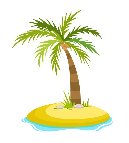 Palma tropical na ilha com ondas do mar ilustração vetorial isolado fundo branco. Praia debaixo da palmeira. Férias de verão em trópicos. Desenhos animados ilustração vetorial — Vetor de Stock