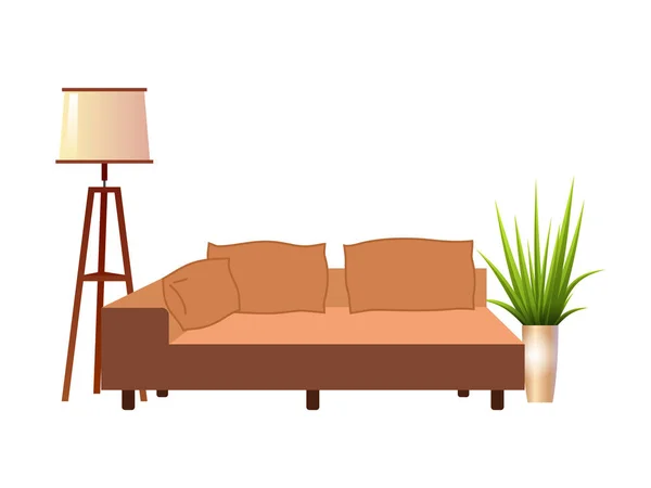 Realistic orange sofa with floor lamp and flowerpot interior vector illustration — Stock Vector