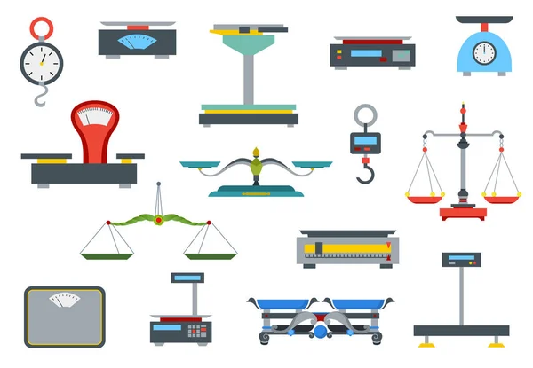 Flache Ladenwaage. Sammlung elektronischer und mechanischer Waagen für das Geschäft. Geschäftsobjekte. Messung von Lebensmitteln. isoliert auf weißer Vektor-Illustration — Stockvektor