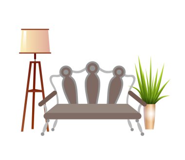 Gerçekçi turuncu kanepe zemin lamba ve saksının iç vektör çizim ile