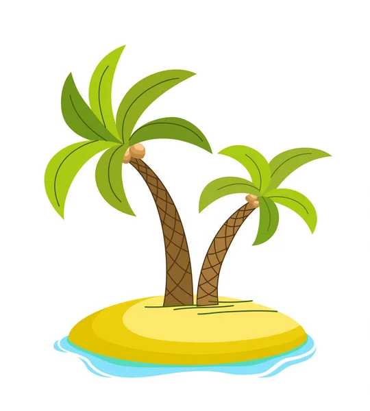海波ベクトル図と島の熱帯のヤシは、白い背景を分離しました。ヤシの木の下でビーチ。熱帯地方では夏休み。漫画のベクトル図 — ストックベクタ