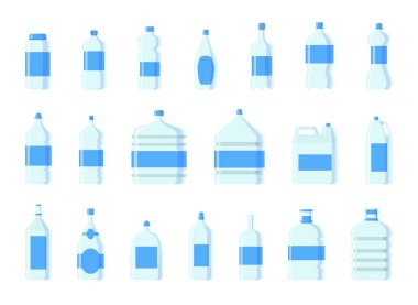 Plastik su şişesi vektör boş doğa temiz sıvı su sıvı boş şablon siluet şablon illüstrasyon mavi. Şişe seti