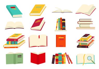 Kitap vektör simgeleri bir düz tasarım stili ayarlayın. Bir yığın, açık bir grubunda, kitaplarda kapalı, rafta. Okuma, bilgi edinmek ve eğitim kitapları yoluyla alabilirsiniz