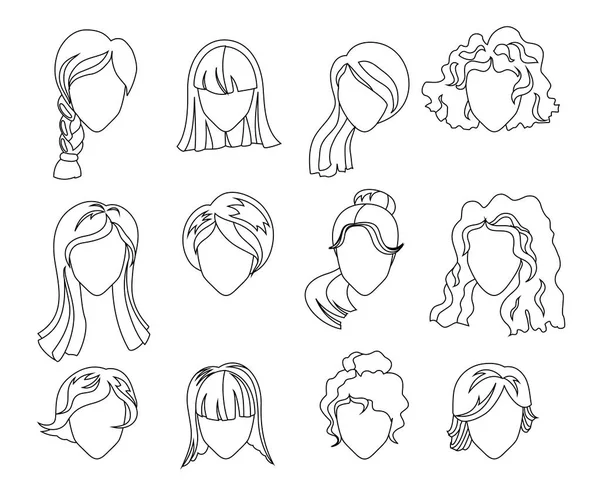 Ensemble de silhouette de coiffure. Femme, fille, cheveux féminins, visage pour livre à colorier. Beauty Vector, avatars plats — Image vectorielle