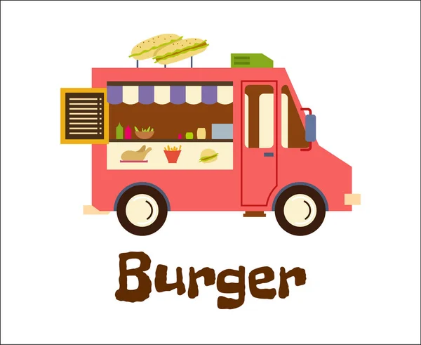 Fast Food Trailer with burger Isolated on white. Street food car, mobile kitchen, restaurant — Stock Vector