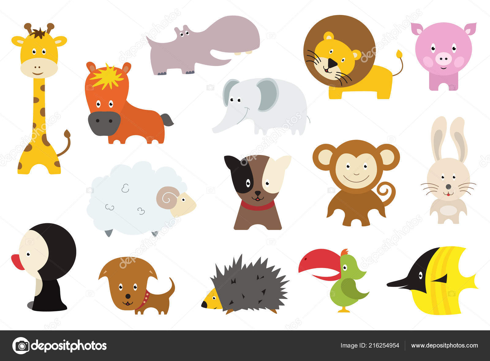 Cute wild and domestic animals cartoon stickers or icons set. Funny lion,  bird, pig, giraffe, hedgehog, parrot, penguin, monkey, rabbit, sheep,  horse, puppy, behemoth, elephant isolated flat vectors Stock Vector Image  by ©