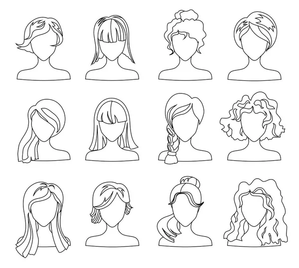 Frisur Silhouettenset. Frau, Mädchen, weibliche Haare, Gesicht für Malbuch. Schönheitsvektor, flache Avatare — Stockvektor