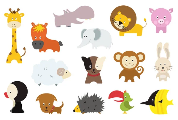 Stickers ou icônes de dessins animés animaux sauvages et domestiques mignons. Drôle de lion, oiseau, porc, girafe, hérisson, perroquet, pingouin, singe, lapin, mouton, cheval, chiot, béhémoth, éléphant isolé vecteurs plats — Image vectorielle