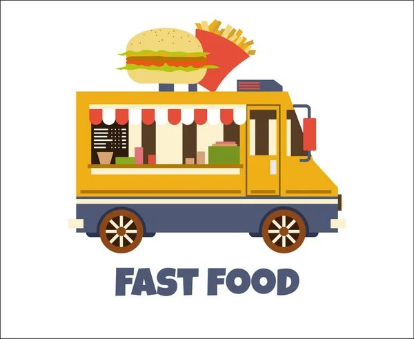 Fast Food Trailer with burger Isolated on white. Street food car, mobile kitchen, restaurant — Stock Vector