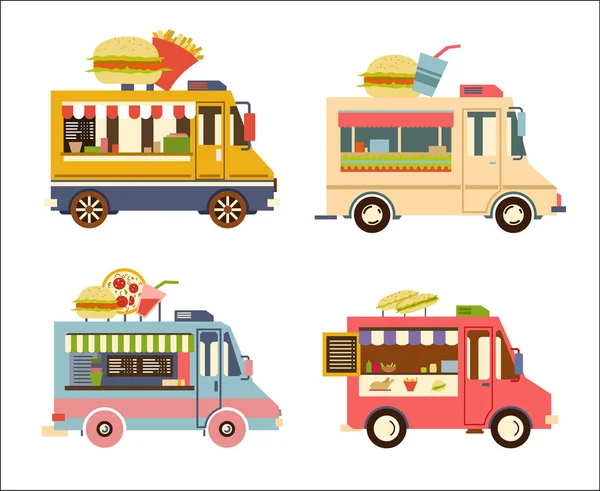 Fast Food Trailer conjunto com hambúrguer, pizza, bebida, burrito, café Isolado em branco. Carro de comida de rua, cozinha móvel, restaurante — Vetor de Stock