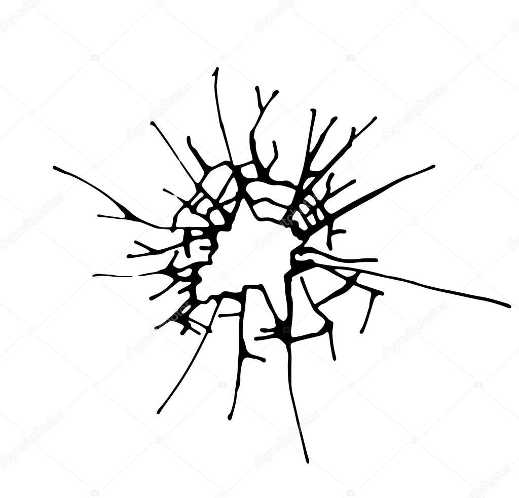 Broken glass, cracks, bullet marks on glass