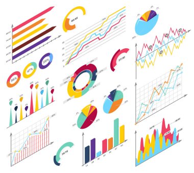 İzometrik infographics unsurları ayarlayın. Bilgi: barlar, graphycs.
