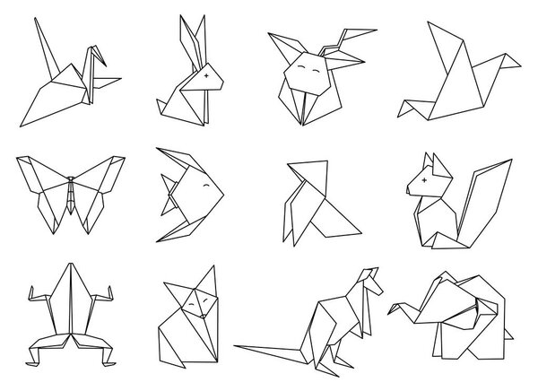 Origami Animals set. Geometric polygon cartoons. Coloring book.