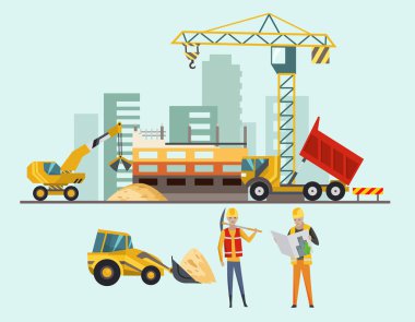 İnşaat alanında inşaatçılar. Bina iş süreci ve İnşaat makineleri ile. Vektör çizim insanlarla.