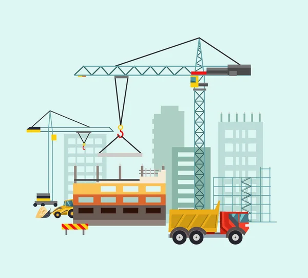 Proceso de construcción con casas y máquinas de construcción. Ilustración vectorial — Vector de stock