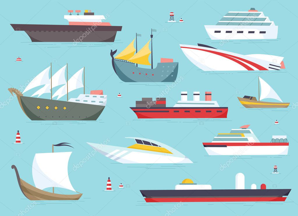 Ships at sea, shipping boats, ocean transport vector icons set