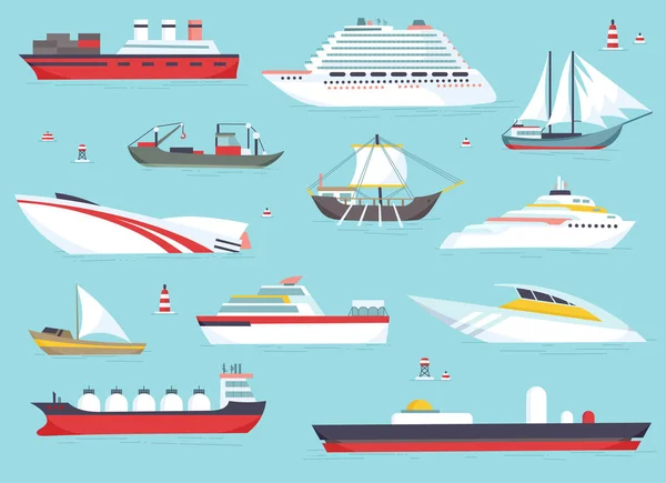 Schepen op zee, scheepvaart boten, Oceaan vervoer vector icons set — Stockvector