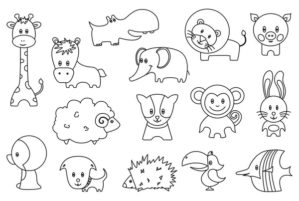 Stickers ou icônes de dessins animés animaux sauvages et domestiques mignons. Drôle de lion, oiseau, porc, girafe, hérisson, perroquet, pingouin, singe, lapin, mouton, cheval, chiot, béhémoth, éléphant isolé vecteurs plats — Image vectorielle