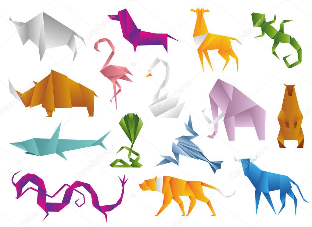 Animals origami set japanese folded modern wildlife hobby symbol creative decoration vector illustration