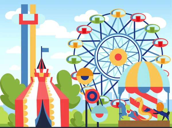 Parque de atracciones. Parque de atracciones vectorial tema, entretenimientos de carnaval para niños durante el día, niños atracciones divertidas ilustración de dibujos animados . — Vector de stock