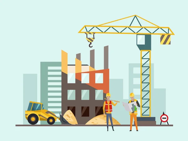 Constructeurs sur le chantier. Processus de construction avec maisons et machines de construction. Illustration vectorielle avec des personnes . — Image vectorielle