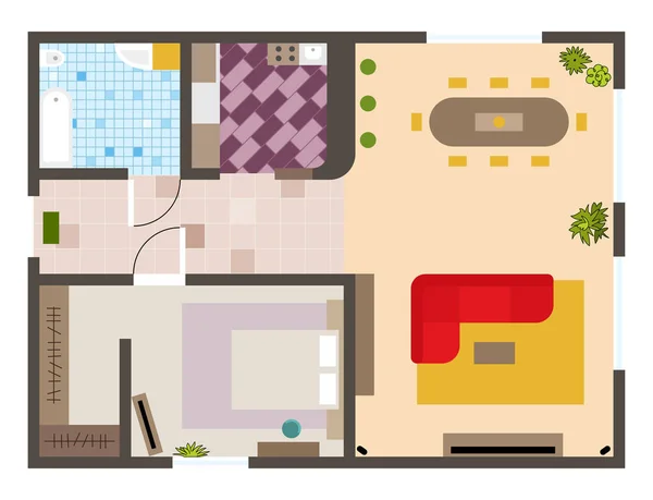 Lakás-terv építészeti felülnézet nappali fürdőszoba konyha és nappali bútorok vektor illusztráció — Stock Vector