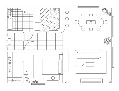 Mimari plan üstten görünüm mobilya ile. Boyama kitabı