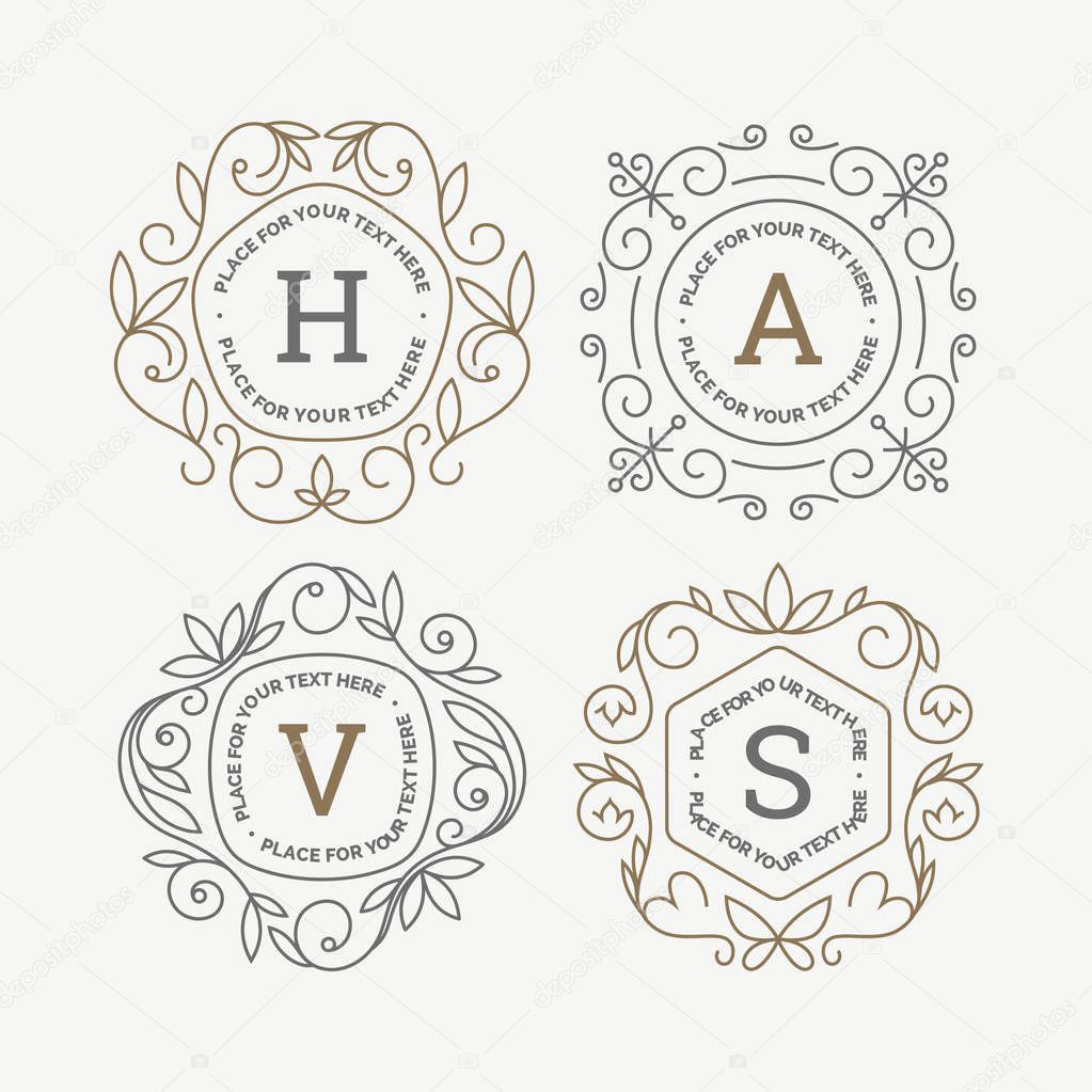 Set of monogram logo template with flourishes calligraphic elegant ornament frames. Identity design with letter for cafe, shop, store, restaurant, boutique, hotel, heraldic, fashion and etc.
