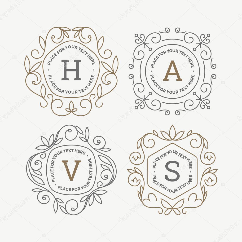 Set of monogram logo template with flourishes calligraphic elegant ornament frames. Identity design with letter for cafe, shop, store, restaurant, boutique, hotel, heraldic, fashion and etc