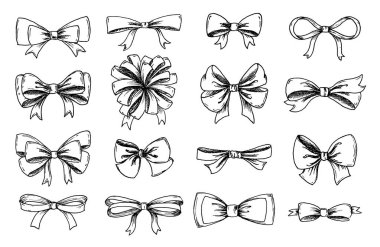 Vektör yemyeşil yay ve konfeti çizilmiş topluluğu ver. Vintage dekorasyon geleneksel bayram ve hediye kutuları. Konsept illüstrasyon