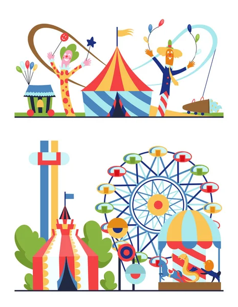 Parque de diversões, paisagem urbana com carrosséis, montanha russa e balão de ar. Circo, Feira e Carnaval tema tema ilustração vetorial . — Vetor de Stock