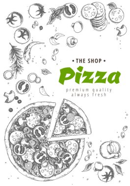 İtalyan pizza üstten görünüm çerçeve. Klasik İtalyan yemekleri kümesi. İtalyan gıda, pizzacı Menü tasarım şablonu. Vintage elle çizilmiş kroki vektör çizim. Basık görüntü.