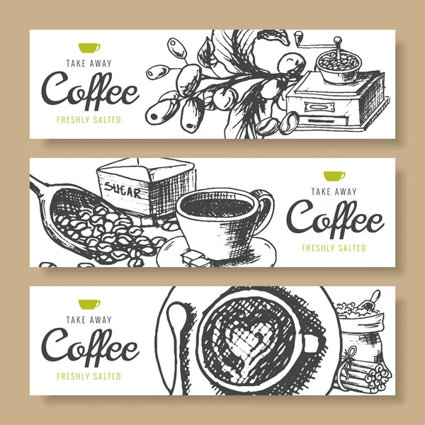 Café en grains, café torréfié, bannières vectorielles dessinées à la main à l'encre. Café turc frais . — Image vectorielle