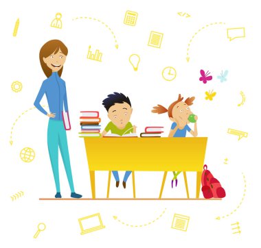 Okula dönüş. Çizim sevimli okul, coğrafya, edebiyat, beden eğitimi, biyoloji, botanik, kimya, bir ders. Genç kız okulda ve.