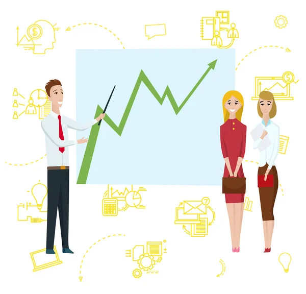 Homem de negócios em pé apontando para gráfico de diagrama no quadro branco. Empresárias Personagem de Desenhos Animados Mostra Plano de Estratégia ou Relatório sobre Flipchart. Ilustração vetorial plana . —  Vetores de Stock