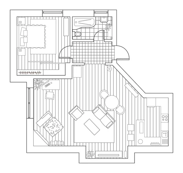 Plano de arquitetura com móveis na vista superior. Livro para colorir — Vetor de Stock