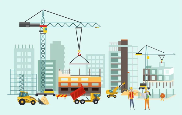 Builders on the construction site. Building work process with houses and construction machines. Vector illustration with people. — Stock Vector