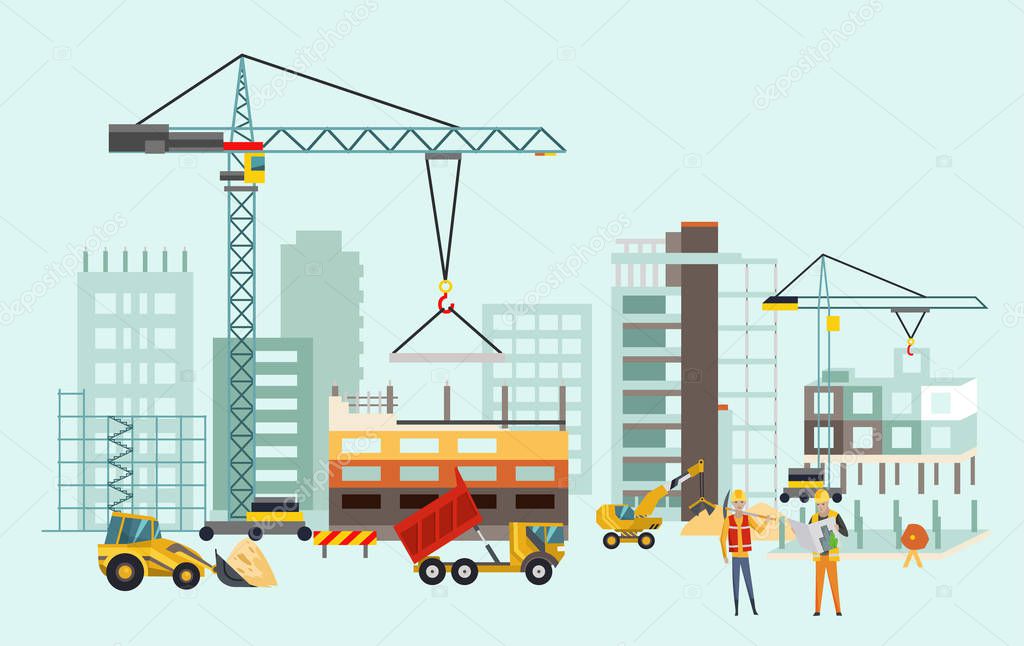 Builders on the construction site. Building work process with houses and construction machines. Vector illustration with people.