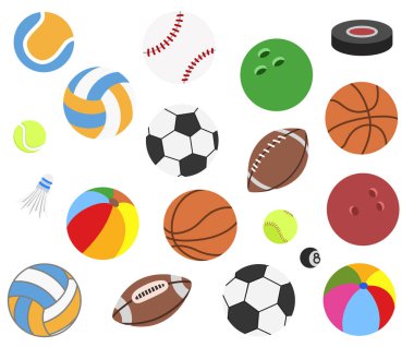 Set of vector realistic sport balls for football, soccer, rugby, tennis, volleyball, basketball, baseball, volleyball, American Football, badminton, gulf, hockey puck isolated on background. clipart