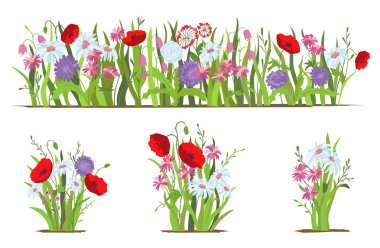 Flowerbed. Vahşi orman ve Bahçe Çiçek kümesi. Bahar kavramı. Düz vektör çiçek illüstrasyon izole beyaz bir arka plan üzerinde.