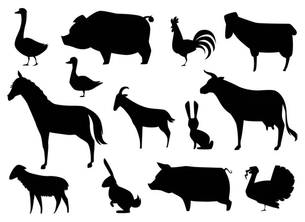 Silhouette animali da fattoria vettoriale isolate su bianco . — Vettoriale Stock