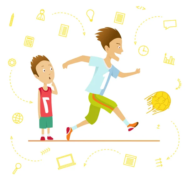 Colegiales rápidos y pequeños. Niños de escuela. Deporte para niños fútbol . — Archivo Imágenes Vectoriales