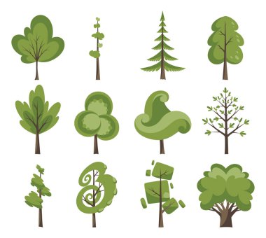 Dekoratif ağaçlar Icon set. Düz bir tasarım düz ağaçlarda. Beyaz izole. Vektör simgeler.