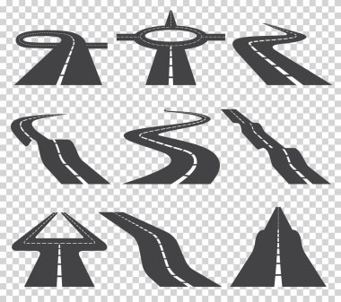 Eğri yoldayım veya karayolu ile işaretler. Yön ulaşım küme. Vektör çizim