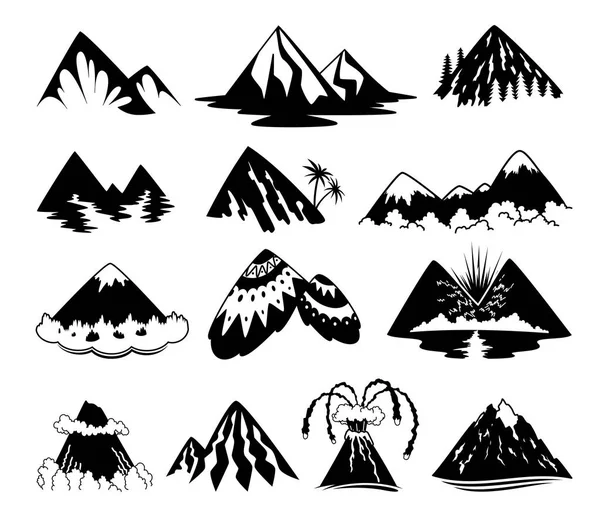 Набір ілюстрацій гірських вершин на білому тлі. Елемент дизайну для логотипу, етикетки, емблеми, знаку. Зимове, лісове, тропічне, вулканічне векторне зображення . — стоковий вектор