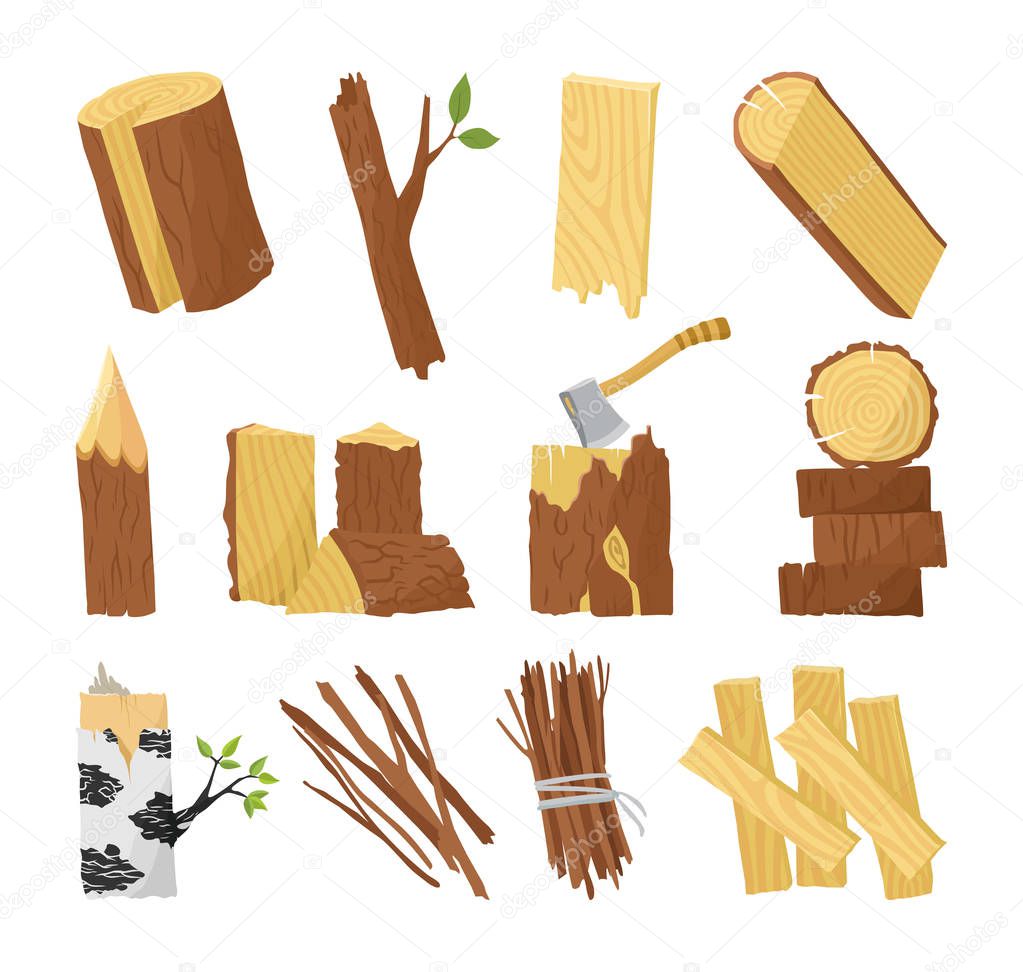 Wood industry raw material and production samples flat set with tree trunk logs planks door vector illustration.