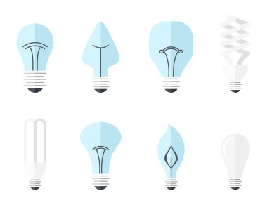 Vektör çizimi ana elektrik aydınlatma türleri: akkor ampul, halojen lamba, cfl ve led lamba. Düz stil.