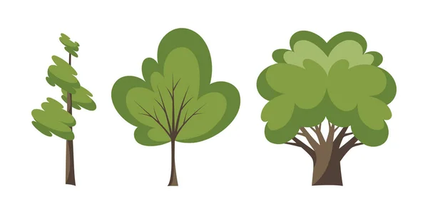 Dunne en dikke bomen. Decoratieve bomen pictogramserie. Platte bomen in een platte ontwerp. Geïsoleerd op wit. Vector iconen. — Stockvector