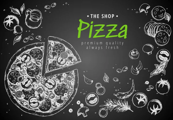 İtalyan pizza üstten görünüm çerçeve. Klasik İtalyan yemekleri kümesi. İtalyan gıda, pizzacı Menü tasarım şablonu. Vintage elle çizilmiş kroki vektör çizim. Basık görüntü.