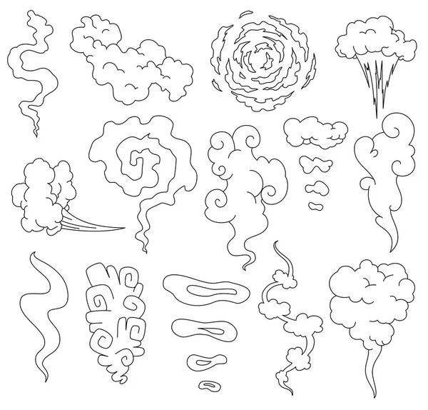 Slechte geur. Lijn wolken rook. Stoom rook wolken van sigaretten of verlopen van oude voedsel vector koken cartoon pictogrammen. Illustratie van geur damp, wolk aroma. — Stockvector
